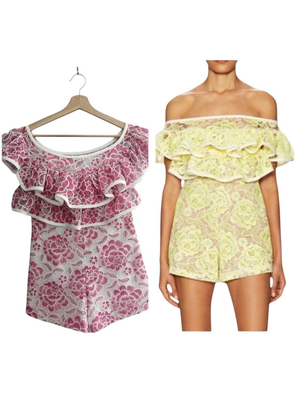 Alexis Ruffle Off The Shoulder Lace Romper Small White Pink Lace Event Party